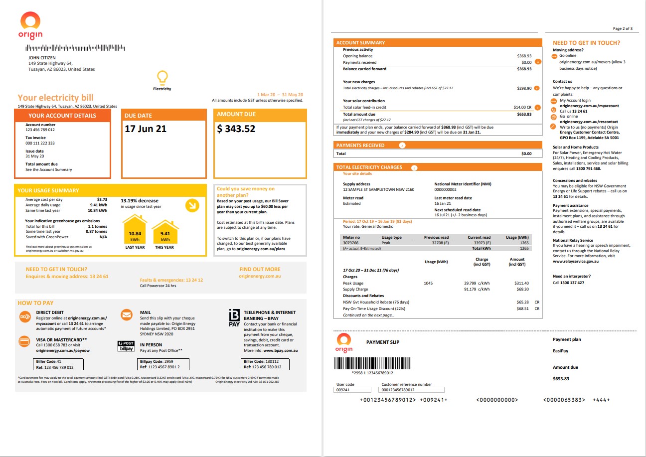 Australia New South Wales (NSW) Origin electricity utility bill template in Word and PDF format 1 2